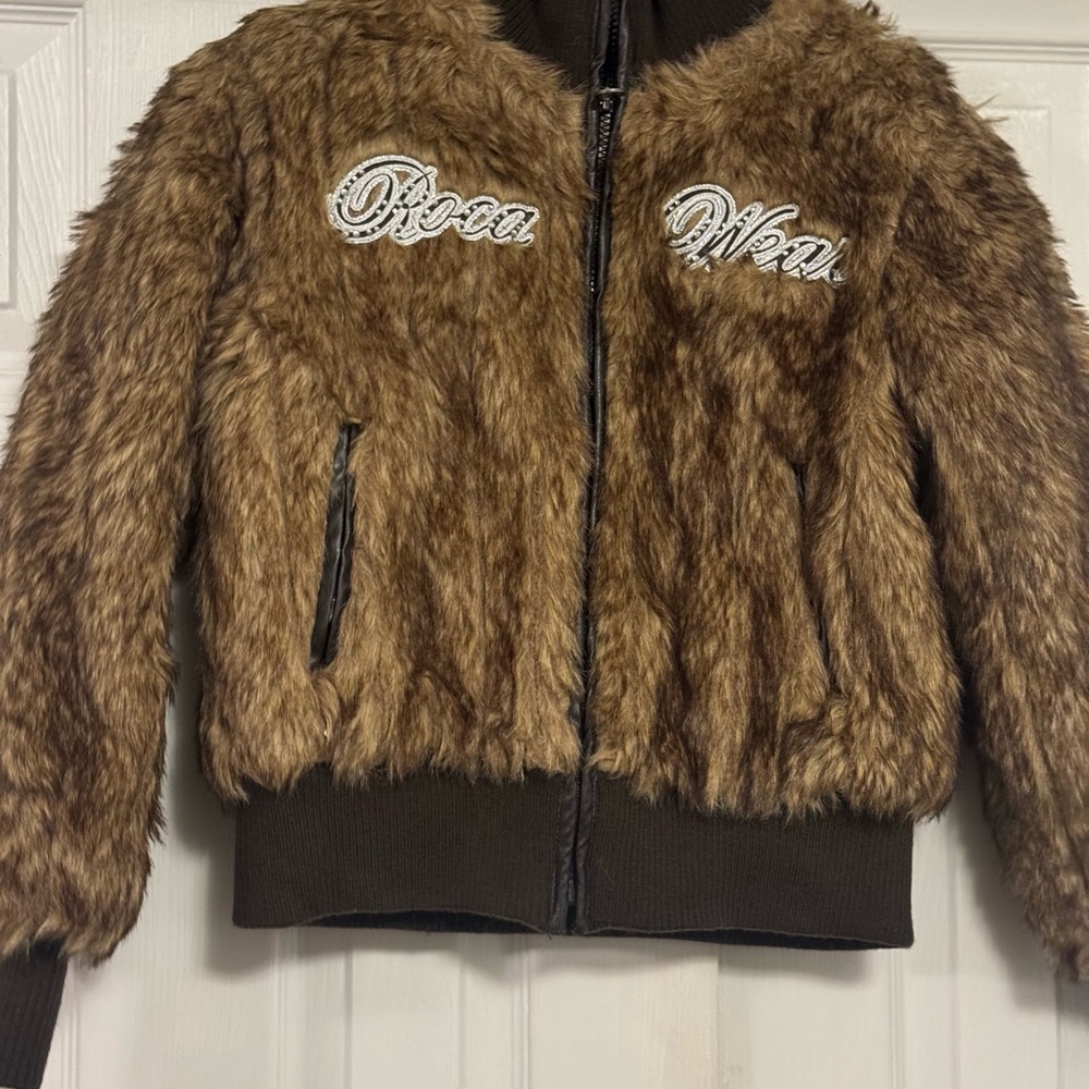 Rocawear Brown Faux Fur Jacket with Embroidery